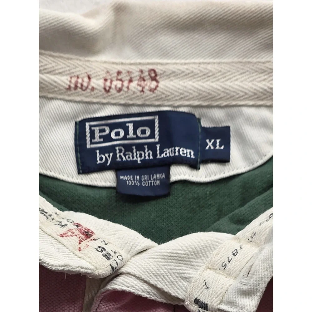 Polo Ralph Lauren Vintage Men's Green & Pink Striped Polo Shirt. Size XL